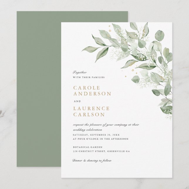 Greenery Olive Leave Branch Baby's Breath Wedding Invitation (Front/Back)
