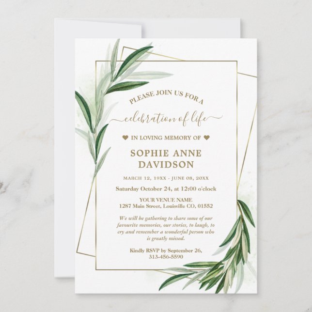 Greenery Olive Leaves Golden Funeral Memorial Invitation (Front)
