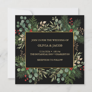 Greenery on Black Christmas Wedding Invitation