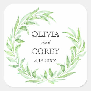 Greenery Open Laurel Wreath Wedding Square Sticker