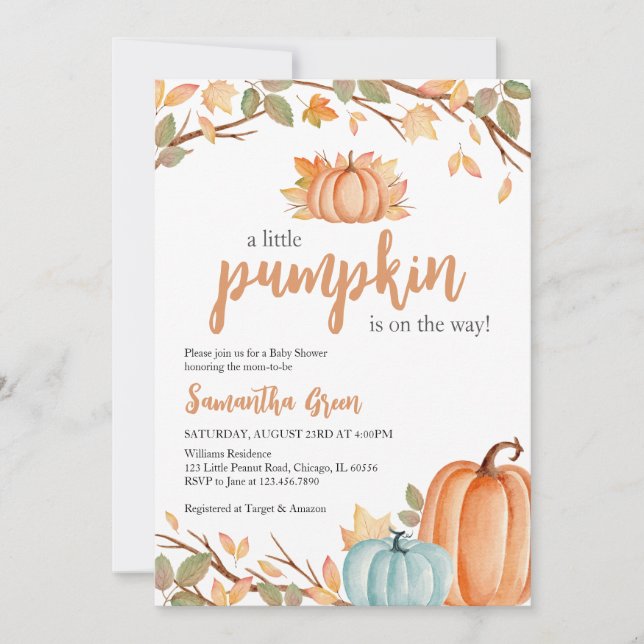 Greenery Orange Pumpkin Baby Shower Invitation (Front)