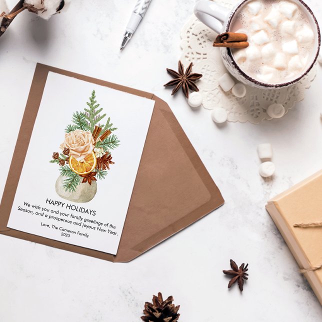 Greenery Orange Rose Cinnamon Christmas Flat Holiday Card (Creator Uploaded)