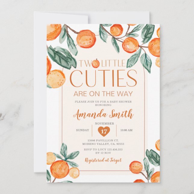 Greenery Orange Two little cutie are on the way Invitation (Front)