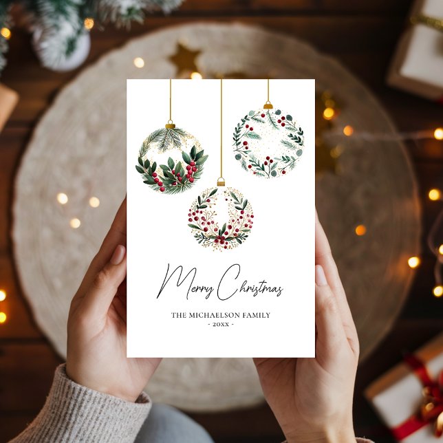 Greenery Ornament Bauble Watercolor Christmas Holiday Card (Greenery Ornament Bauble Watercolor Christmas Holiday Card)