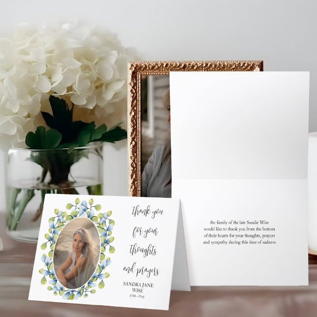 Greenery Oval Framed Photo Small Folded Funeral Thank You Card (Bereavement thank you card with photo framed with greenery by Darling & May)