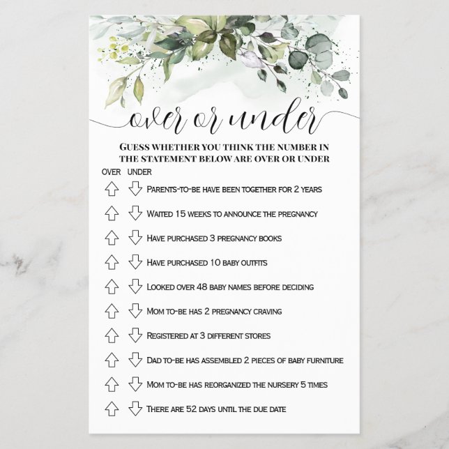 Greenery Over or Under Baby Shower Game card (Front)