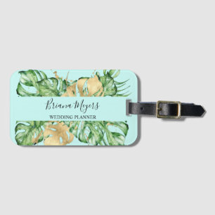 Greenery Palm Leaves Gold Tropic Teal Luggage Tag