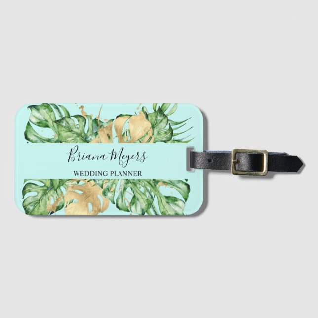 Greenery Palm Leaves Gold Tropic Teal Luggage Tag (Front Horizontal)