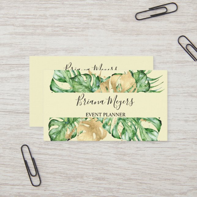 Greenery Palm Leaves Gold Tropic Yellow Business Card (Front/Back In Situ)