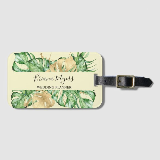 Greenery Palm Leaves Gold Tropic Yellow Luggage Tag (Front Horizontal)