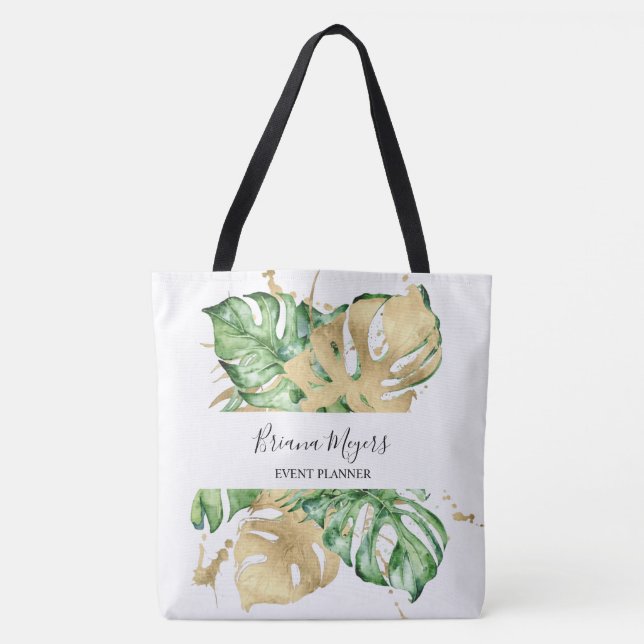 Greenery Palm Leaves Gold Tropical Tote Bag (Front)