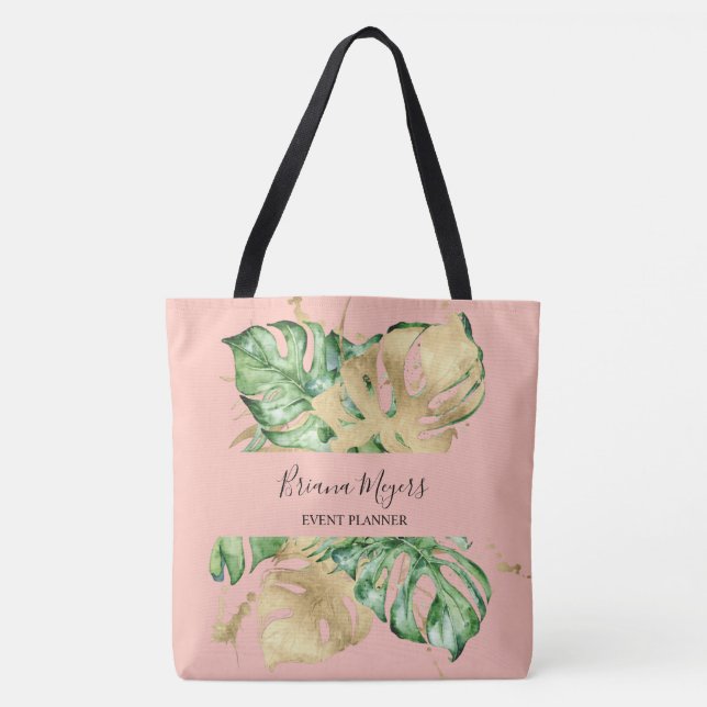 Greenery Palm Leaves Peach Gold Tropical Tote Bag (Front)