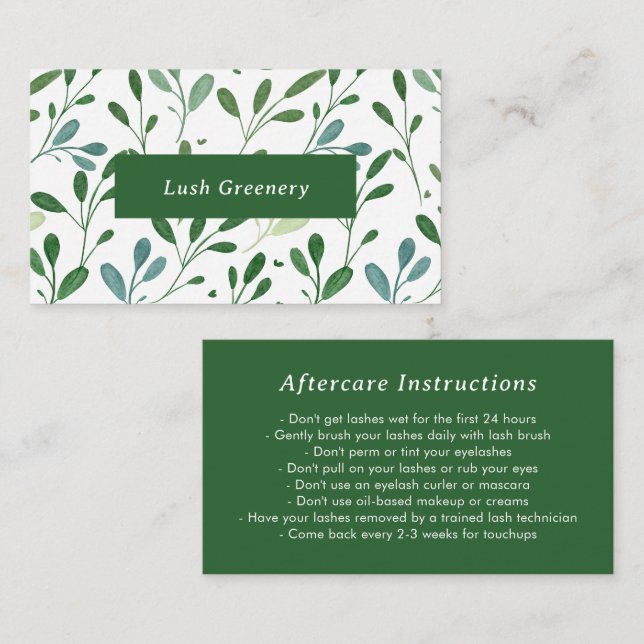 Greenery Pattern Modern Aftercare Instructions Business Card (Front/Back)