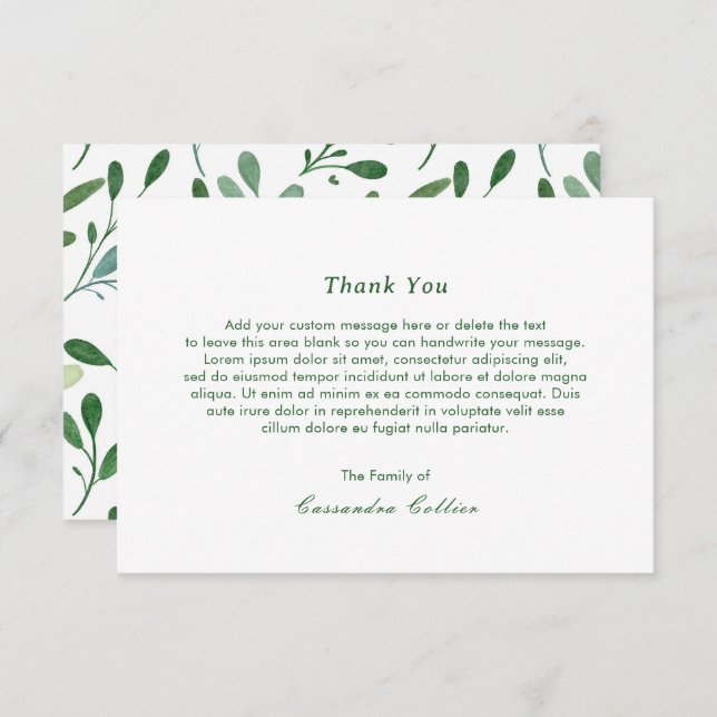 Greenery Pattern Modern Funeral Thank You Card (Front/Back)