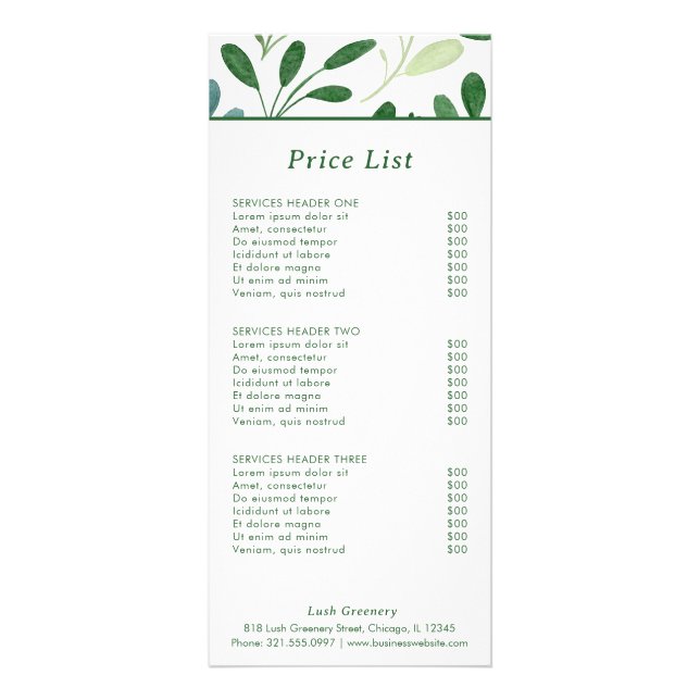 Greenery Pattern Modern Price List Rack Card (Front)