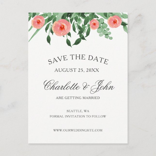 Greenery Peach Flowers Wedding save the dates Announcement Postcard (Front)