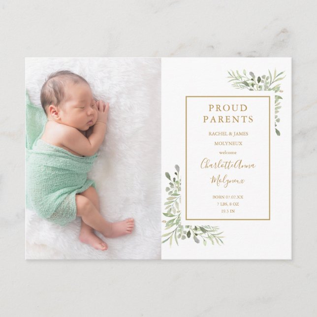  Greenery Photo Baby Birth Announcement Thank You  Postcard (Front)