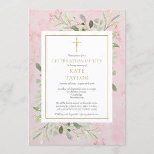 Greenery Photo Celebration of Life Funeral Pink Invitation