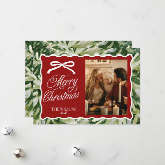 Greenery Photo Christmas Card with Bow & Scallop 