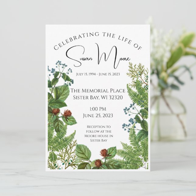 Greenery Photo Funeral  Invitation (Standing Front)