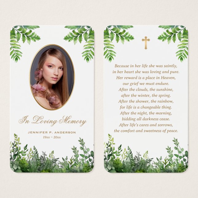 Greenery Photo Funeral Memorial Prayer Cards (Front & Back)