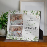 Greenery Photo Great Grandmother Plaque<br><div class="desc">Greenery great-grandmother picture plaque featuring elegant watercolor green botanical eucalyptus leaves,  gold floral accents,  2 photos for you to replace with your own,  the cute saying "the most loved great grandma,  thank you for being ours",  and the grandkids names.</div>