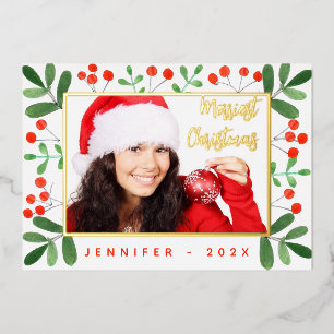 Greenery Photo Merriest Christmas Script Red Gold  Foil Holiday Card