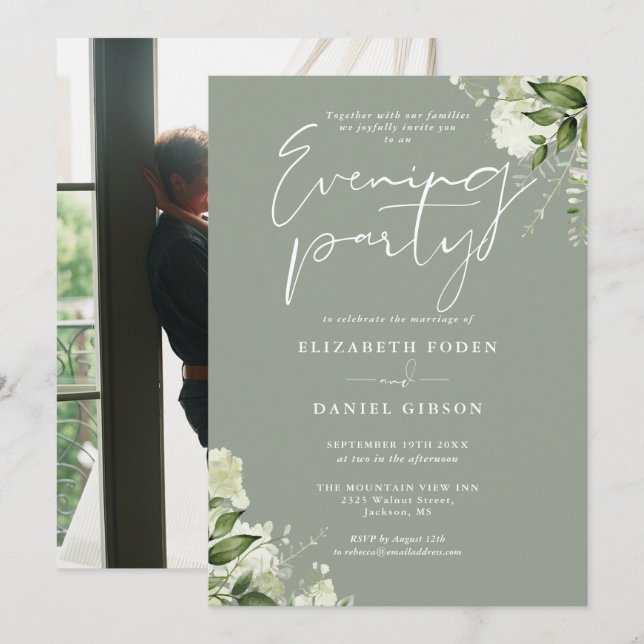 Greenery Photo Sage Green Wedding Evening Party Invitation (Front/Back)