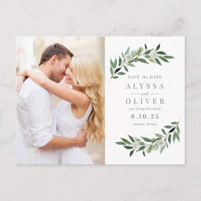 Greenery Photo Save The Date Postcard (Front)