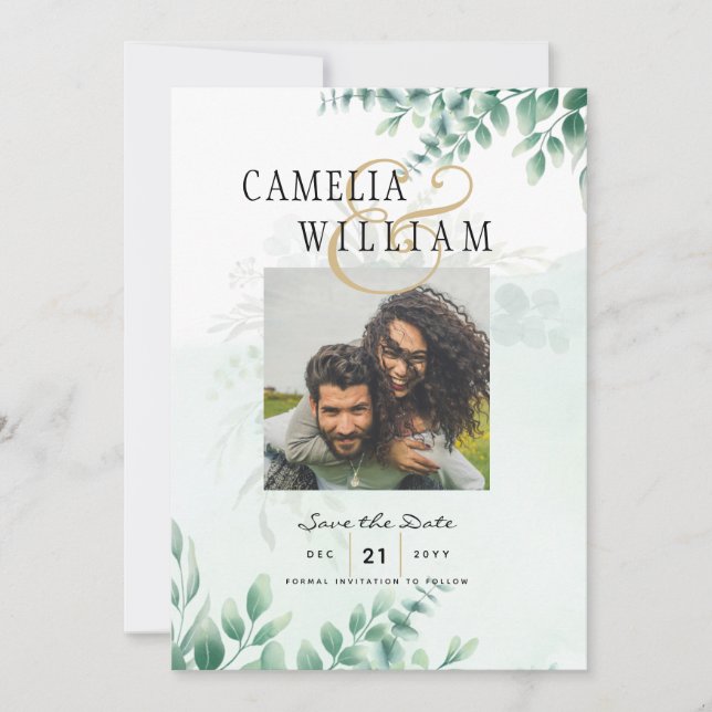 Greenery PHOTO SAVE THE DATES Eucalyptus BUDGET Invitation (Front)