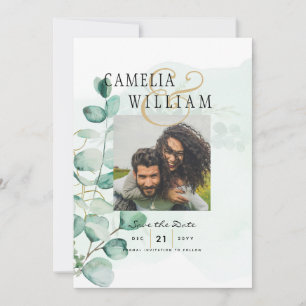 Greenery PHOTO SAVE THE DATES Eucalyptus BUDGET Invitation
