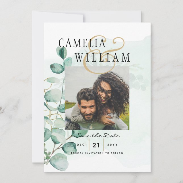 Greenery PHOTO SAVE THE DATES Eucalyptus BUDGET Invitation (Front)