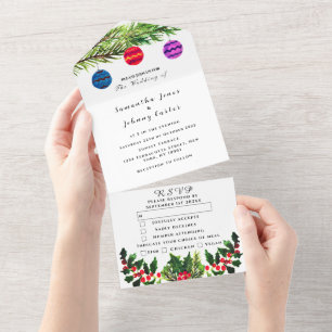 Greenery Pine Cone Winter Watercolor Wedding All In One Invitation