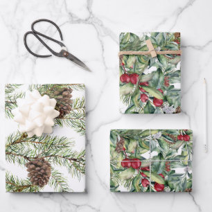 Greenery Pine Cones Red Berry Wrapping Paper Sheet