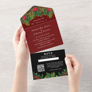 Greenery Pine Winter Red Black Watercolor Wedding All In One Invitation