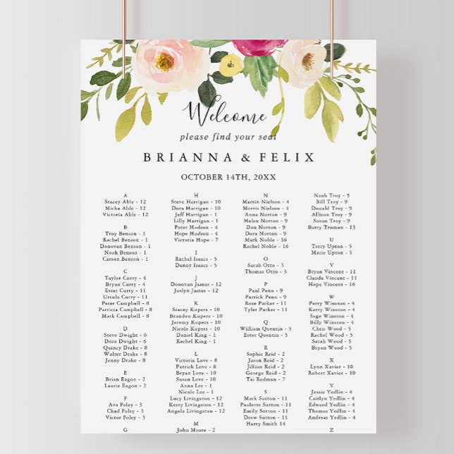 Greenery Pink Blush Alphabetical Seating Chart (Creator Uploaded)