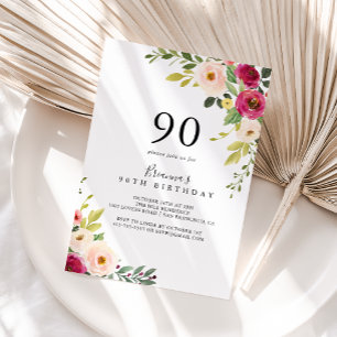 Greenery Pink Blush Floral 90th Birthday Party Invitation