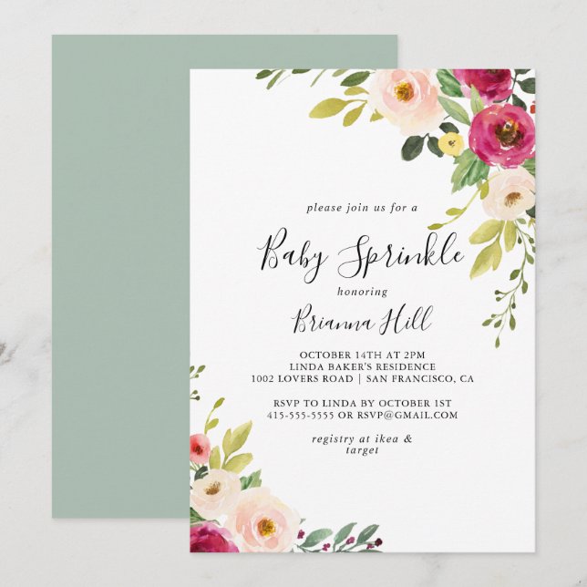 Greenery Pink Blush Floral Baby Sprinkle Invitation (Front/Back)