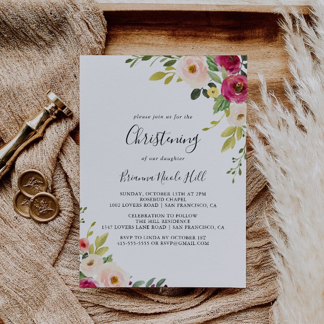 Greenery Pink Blush Floral Christening Invitation (Creator Uploaded)