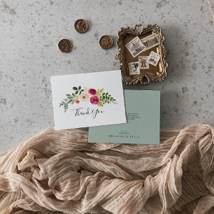 Greenery Pink Blush Floral Flat Wedding Thank You Card