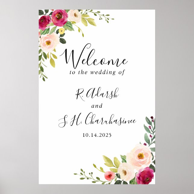 Greenery Pink Blush Floral Wedding Welcome  Poster (Front)