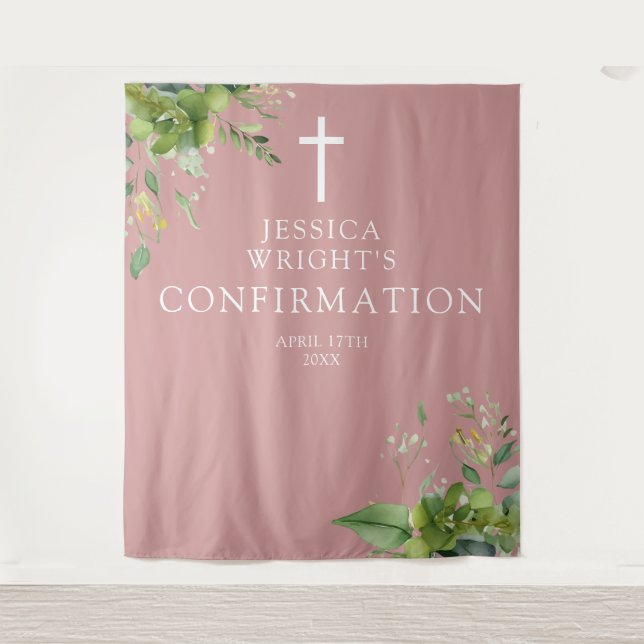 Greenery Pink Confirmation Photo Backdrop Tapestry (Front)