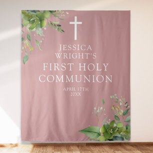 Greenery Pink First Holy Communion Photo Backdrop Tapestry
