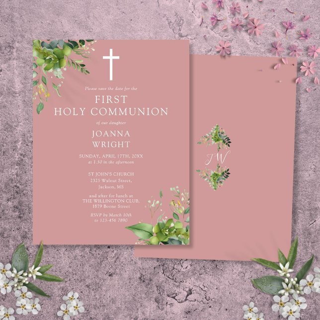 Greenery Pink First Holy Communion Save The Date Postcard (Greenery Pink First Holy Communion Save The Date Postcard)