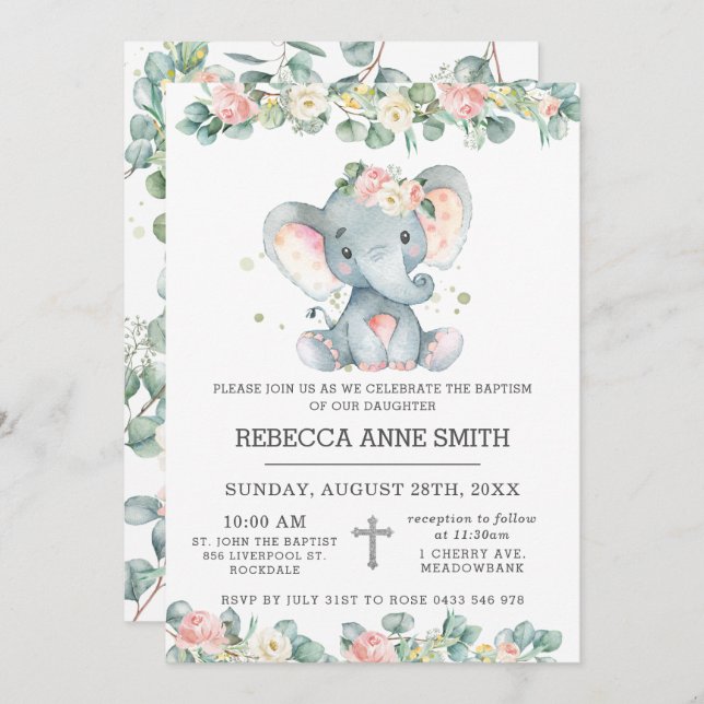Greenery Pink Floral Elephant Baptism Christening  Invitation (Front/Back)