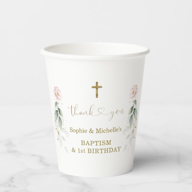 Greenery Pink Floral Gold Baptism 1st Birthday Paper Cups (Front)