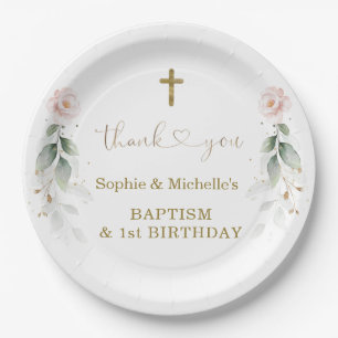 Greenery Pink Floral Gold Baptism 1st Birthday Paper Plate