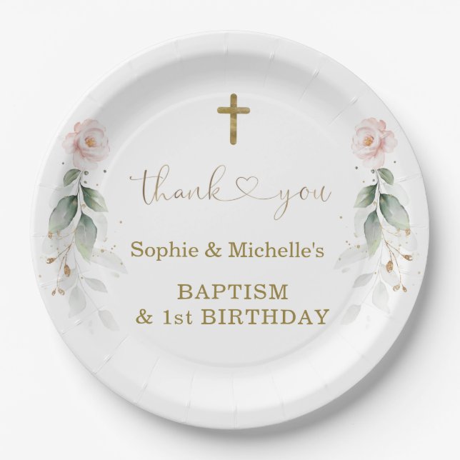 Greenery Pink Floral Gold Baptism 1st Birthday   Paper Plate (Front)