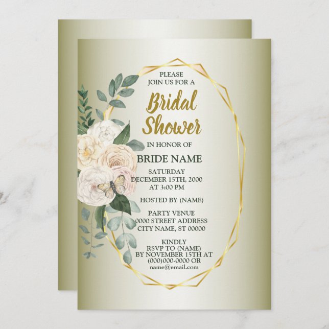 Greenery  Pink Floral Gold Geometric Bridal Shower Invitation (Front/Back)