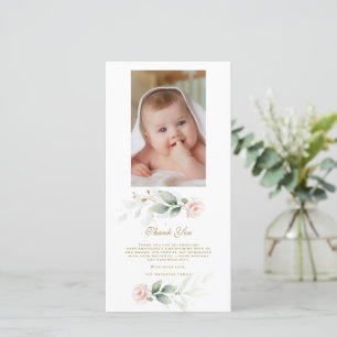Greenery Pink Floral Gold Photo Christening Thank You Card